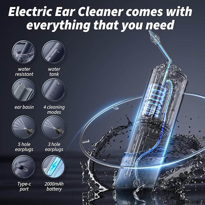 Ear Wax Removal - Electric Ear Cleaner - Ear Irrigation Kit Safe Ear Irrigation Flushing System with 4 Pressure Settings - Effective Ear Wax Removal Tool for Earwax Buildup (Dark Blue)