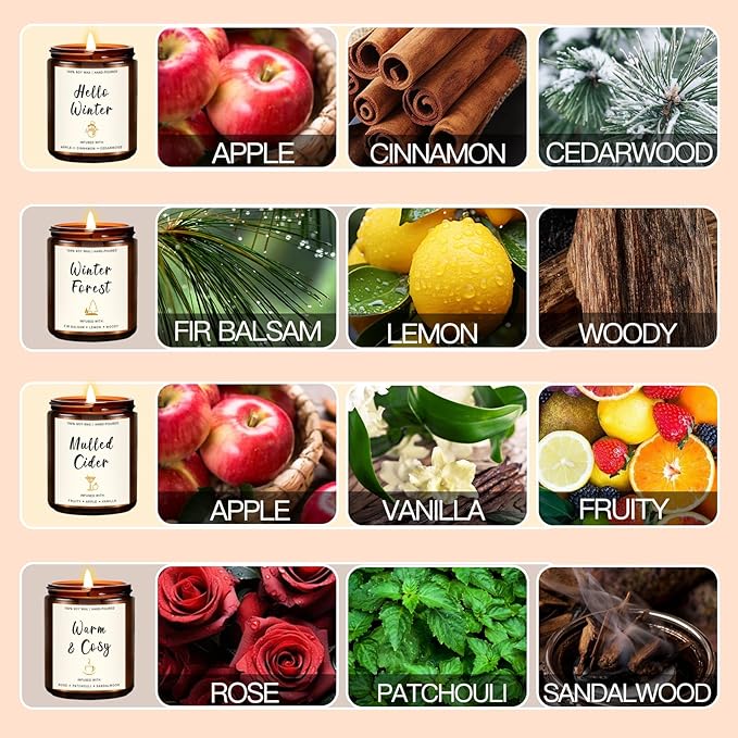 Christmas Scented Candle Gift Set for Women – 4 Pack Winter Soy Candles with Apple Cinnamon, Fir Balsam, Mulled Cider, Sandalwood – Holiday Gifts for Her, Home Décor