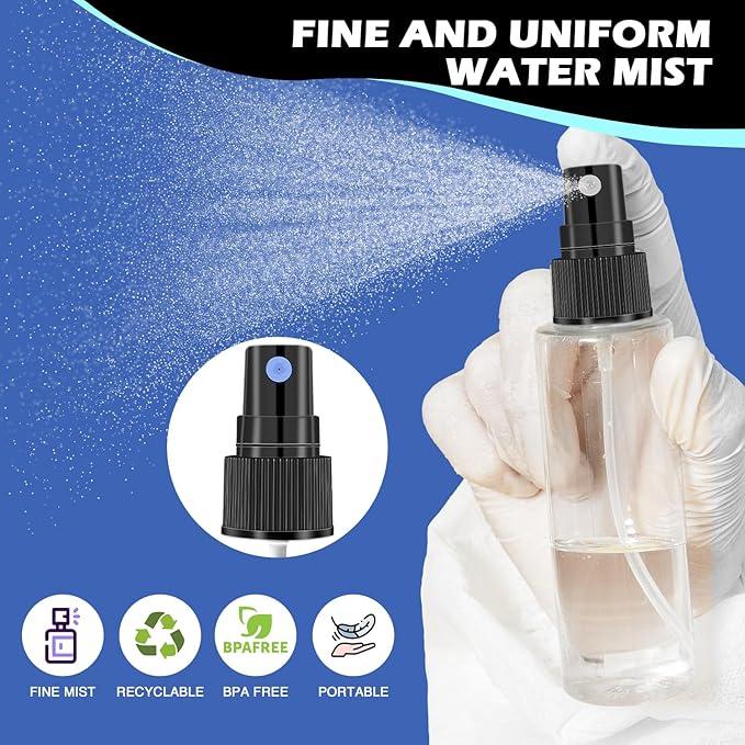 100 Pack 2oz/55ml Plastic Small Spray Bottles Mini Travel Spray Bottle with Black Cap Empty Fine Mist Spray Bottles Refillable Liquid Container for Perfumes Travel Makeup
