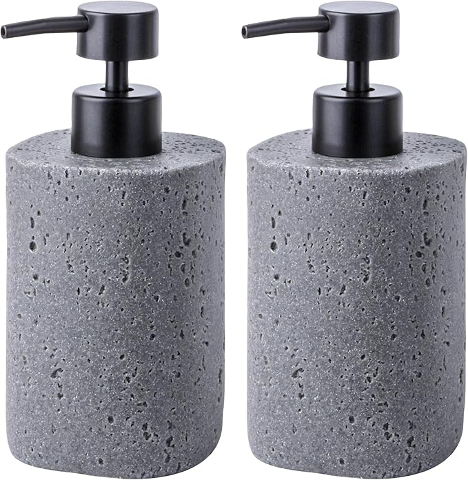 2 Pack Gray Resin Soap Dispensers, Refillable Liquid Lotion Dispenser Bottles with Travertine-Look for Bathroom and Kitchen Countertop, Modern Stone Texture (10.8 oz)
