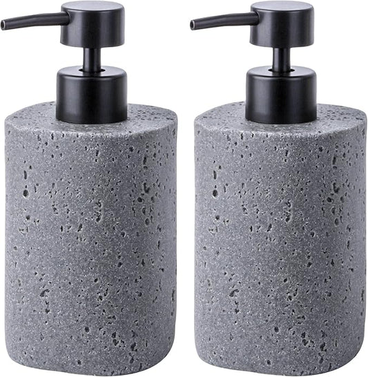 2 Pack Gray Resin Soap Dispensers, Refillable Liquid Lotion Dispenser Bottles with Travertine-Look for Bathroom and Kitchen Countertop, Modern Stone Texture (10.8 oz)
