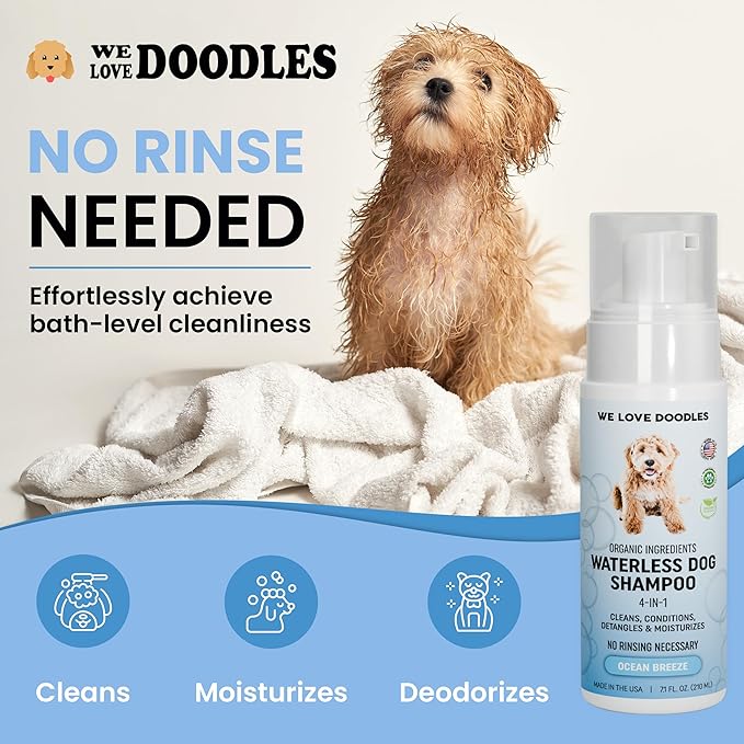 Waterless Dog Shampoo - Over 200+ Sprays Per Bottle - Cleans & Moisturizes Coat, No Rinse Dog Shampoo, Safe Foam Formula & Pet-Friendly Dog Deodorizing Spray, 7.1 oz (Ocean Breeze) [We Love Doodles]