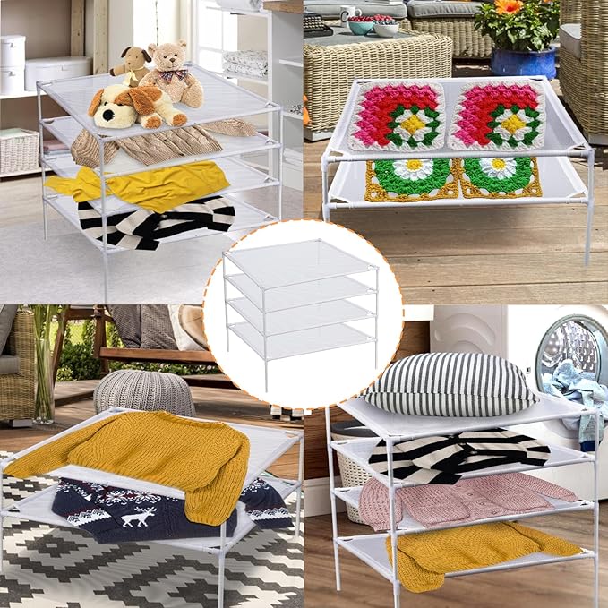 4Pack Stable Mesh Clothes Drying Rack - Excellent Load-Bearing, Stackable Flat Laundry Drying Rack - Folding Sweater, Socks, Toys Drier