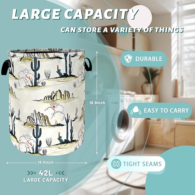 Tropical Cactus Laundry Basket Foldable Oxford Cloth Western Laundry Hamper With Handle Portable Clothes Storage Basket 18.9 X 16.5 Inch Storage Bag For Laundry Room/Bathroom/Bedroom