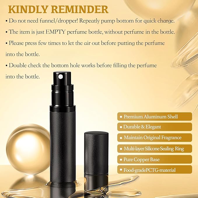 2PCS Perfume Travel Refillable Bottle, Bottom-Filling Fragrances Perfume Atomizer, Empty Mini Cologne Dispenser, Portable Sprayer Pocket Size for On the Go 5ml (Black & Gray)
