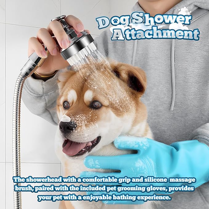 Dog Shower Attachment Set, 6.6 Ft Stainless Steel Pet Shower Hose with 3-Way Diverter Valve & Grooming Sprayer for Easy Pet Bathing – Includes Sprayer Nozzle, Holder, Adapters, & Grooming Gloves