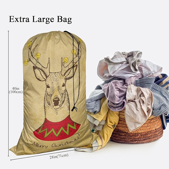Swono Vintage Christmas Deer Drawstring Portable Large Capacity Laundry Bags Retro Merry Christmas Big Antler Yellow Bulb Travel Storage Bags for, Apartments, Vacations, College