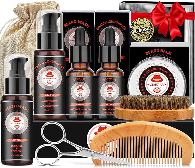 XIKEZAN Beard Care & Grooming Sets with Beard Oils, Balm, Wash, Conditioner, Brush, Comb, Scissors, Birthday Gifts for Men, Valentines Gifts for Him, Fathers Gifts for Dad, Christmas Stocking Stuffers