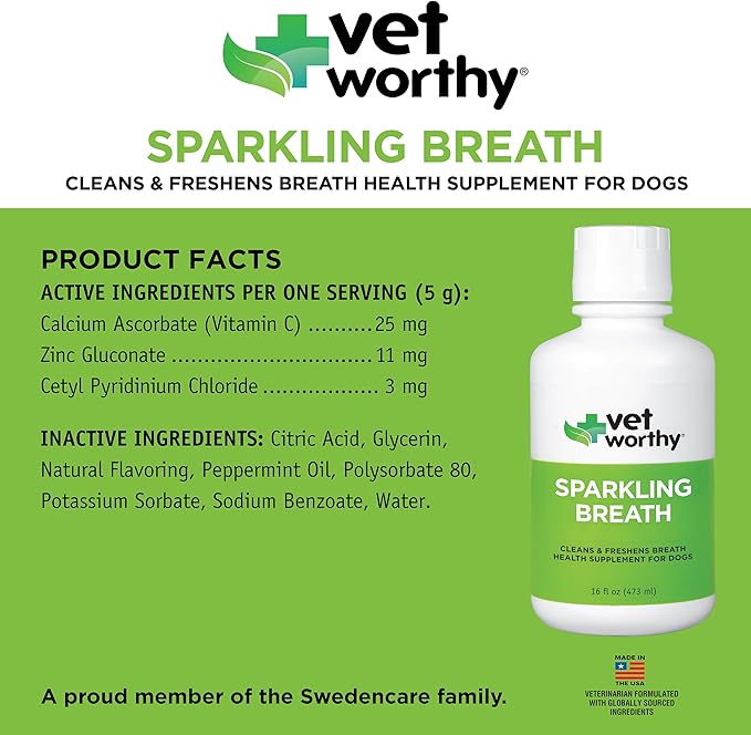 Vet Worthy Sparkling Breath Dog Mouthwash Water Additive - Dog Dental Care for a Healthy Mouth and a Fresh Breath for Dogs - Helps Reduce Plaque and Tartar - Mint Flavor (16 oz)