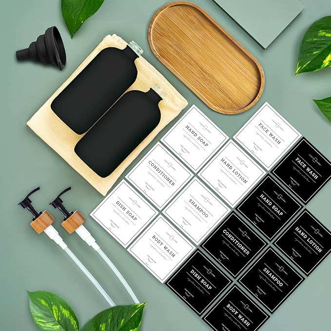 Vine Creations Glass Soap Dispenser Set - Kitchen Soap Dispenser Set with Tray - Bamboo Dish Soap and Hand Soap Dispensers Set for Bathroom - Black Kitchen Decor with Waterproof Labels