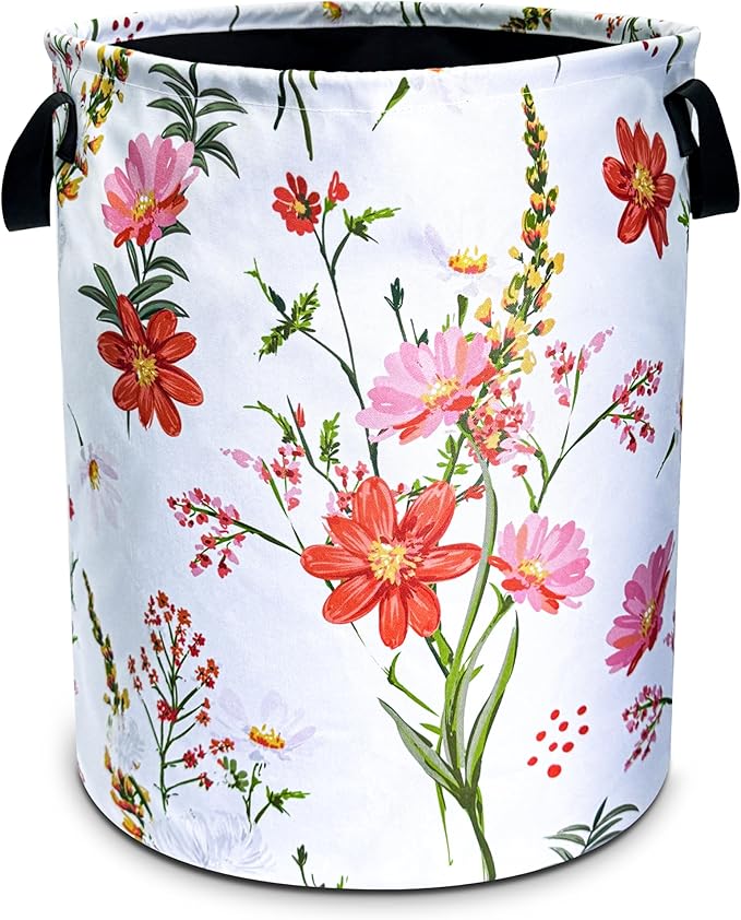 Beautiful Flowers Laundry Basket Pink Red Floral Foldable Oxford Cloth Funny Tote Bag Laundry Hamper Clothes Storage Bucket Toy Organizer For Bathroom/Laundry Storage/Bedroom 18.9x16.5 Inch