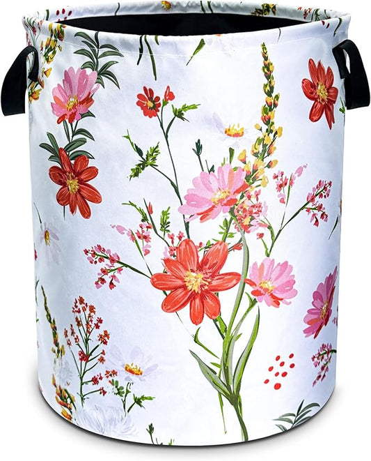 Beautiful Flowers Laundry Basket Pink Red Floral Foldable Oxford Cloth Funny Tote Bag Laundry Hamper Clothes Storage Bucket Toy Organizer For Bathroom/Laundry Storage/Bedroom 18.9x16.5 Inch