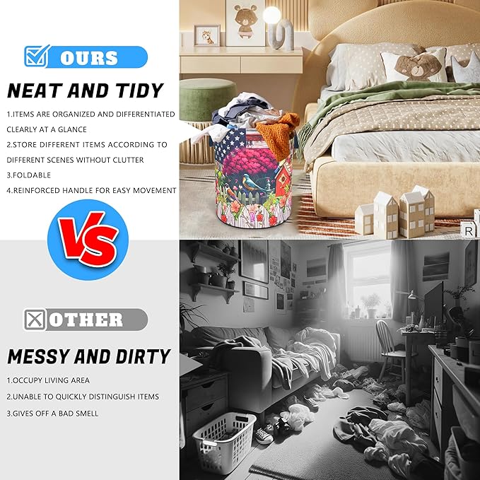 American Flag Garden Birds Laundry Basket Oxford Cloth Laundry Hamper With Handle Foldable Portable Clothes Storage Basket 18.9 X 16.5 In Storage Bag For Laundry Room/Bathroom/Bedroom/Dormitories