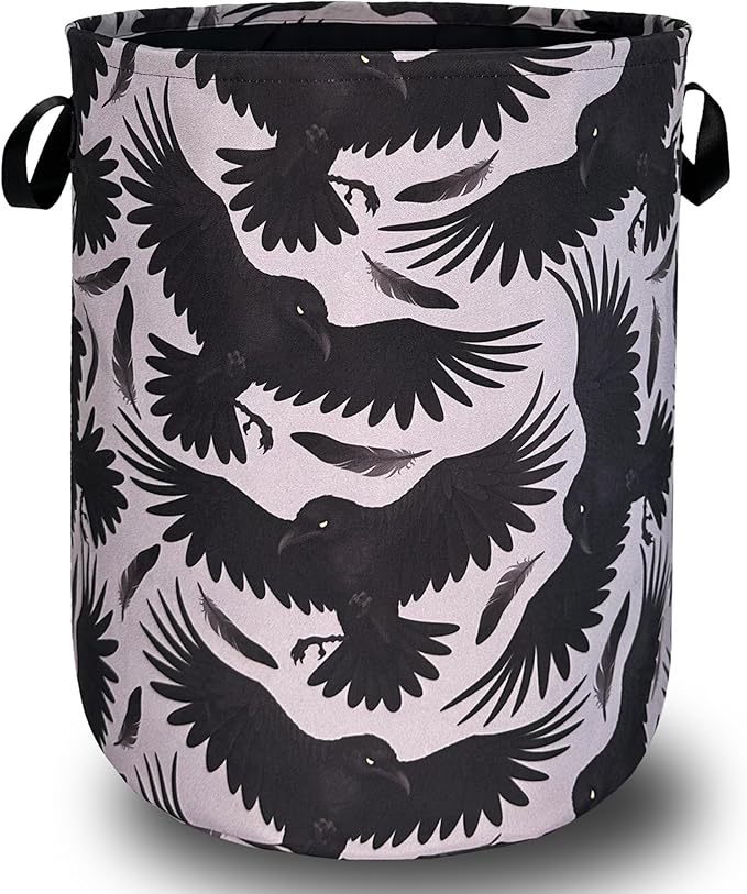 Black Birds With Feathers Laundry Hamper With Handles Foldable Oxford Cloth Goth Style Tote Bag Funny Laundry Basket Clothes Toy Storage Bucket 18.9"x16.5" For Bathroom/Laundry/Bedroom