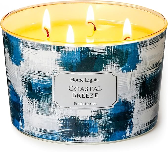 HomeLights Large jar Candle | 4-Wick Long-Lasting Scented Candles, 18oz Natural Soy Wax Candle for Home Scented, Scandinavian Minimalist Design Gifts for Women & Men, Coastal Breeze