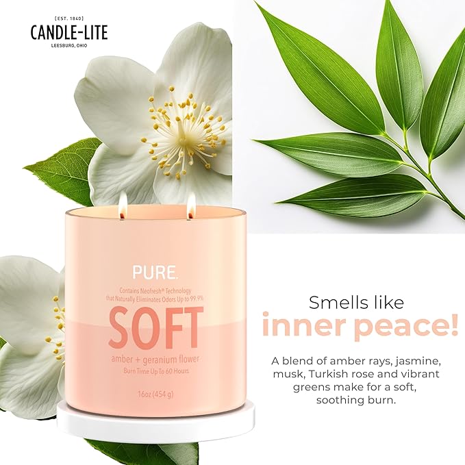 Candle-Lite Pure Amber & Geranium Flower Odor Eliminating Scented Candles, Neofresh Technology Eliminates 99.9% of Odors, 16 oz 2-Wick Jar, Proudly Poured in The USA, Up to 60 Hours Burn Time