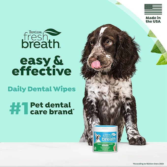 TropiClean Fresh Breath Dog Teeth Cleaning Dental Wipes, Finger Wipes for Plaque & Tartar Removal + Baking Soda, Easy to Use Dog Dental Care, 50ct
