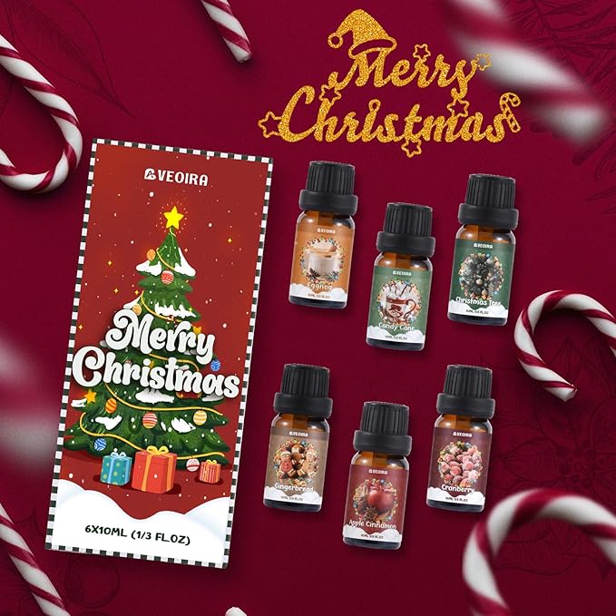 Christmas Essential Oils Gift Set, AVEOIRA Winter Fragrance Oil for Diffuser, Candle, Soap Making, Christmas Tree, Apple Cinnamon, Candy Cane, Gingerbread, Cranberry, Eggnog, Scented Oils, 6x10ml