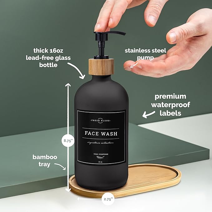 Vine Creations Glass Soap Dispenser Set - Kitchen Soap Dispenser Set with Tray - Bamboo Dish Soap and Hand Soap Dispensers Set for Bathroom - Black Kitchen Decor with Waterproof Labels