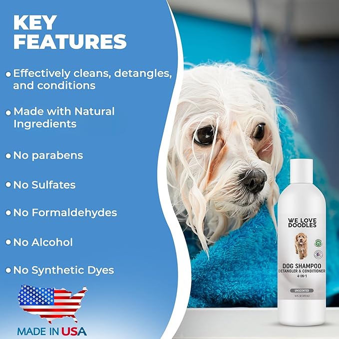 We Love Doodles Dog Shampoo, Conditioner, & Detangler - Shampoo for Dogs, Goldendoodles, Poodles & Doodles, for Matted Pet Hair & Sensitive Skin, Made in The USA, Unscented, 16 oz