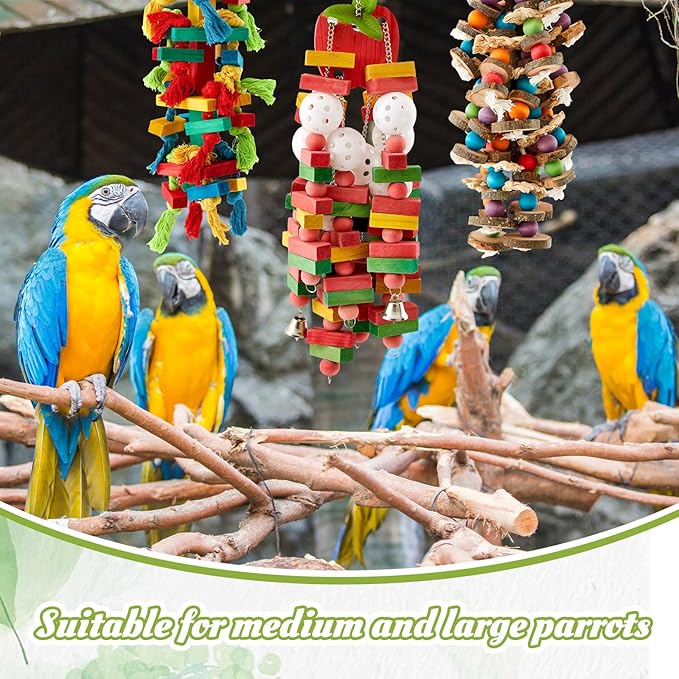 3 Pcs Extra Large Bird Parrot Toy Multicolored Natural Wooden Parrot Cage Chewing Toys for Large Medium Macaws Cockatoos African Grey Birds(Block and Ball)
