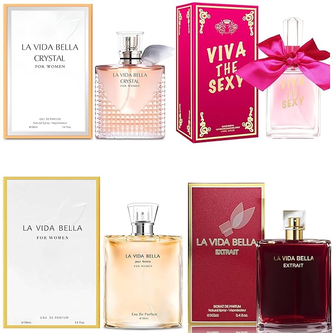 4PCS Perfume Set for Women - Floral Fragrance Gift Set with Vanilla,Sweet Fruity Eau De Parfume 3.4 Fl Oz Each(La Vida Bella,La Vida Bella Crystal,La Vida Bella Ext,Viva the Sexy)