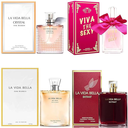 4PCS Perfume Set for Women - Floral Fragrance Gift Set with Vanilla,Sweet Fruity Eau De Parfume 3.4 Fl Oz Each(La Vida Bella,La Vida Bella Crystal,La Vida Bella Ext,Viva the Sexy)
