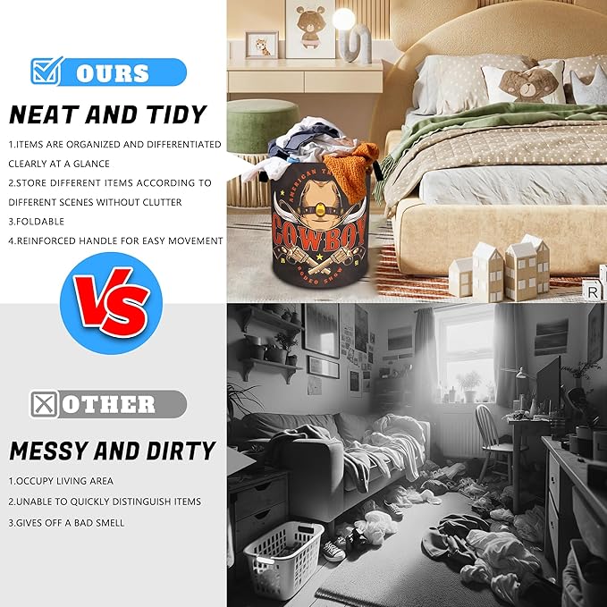 Western Cowboy Laundry Basket Cowboy Hat Oxford Cloth Laundry Hamper With Handle Foldable Portable Clothes Storage Basket 18.9 X 16.5 Inch Storage Bag For Laundry Room/Bathroom/Bedroom/Dormitories