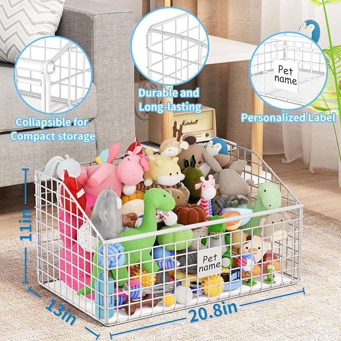 Indestructible Dog Toy basket, Large Toy Box for Dogs,Pet Toy Bin Dog Metal Basket for Toys, Toy Storage Organizer, Toy Box for Living Room Area (White)