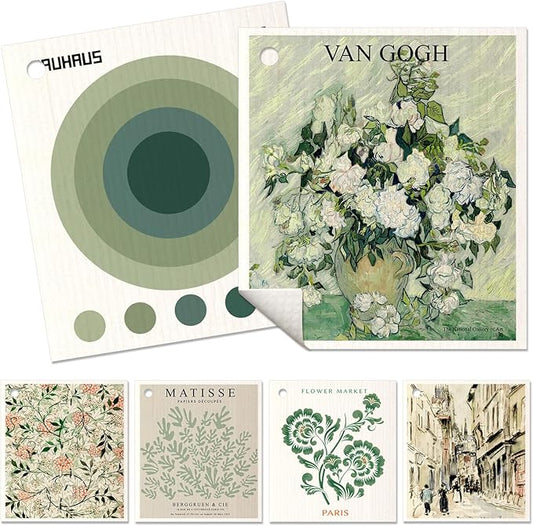 6 Pack Swedish Dishcloths for Kitchen - Reusable Dish Cloths for Washing Dishes Absorbent Cute Funny Kitchen Towels Cleaning Sponge, Green Artist