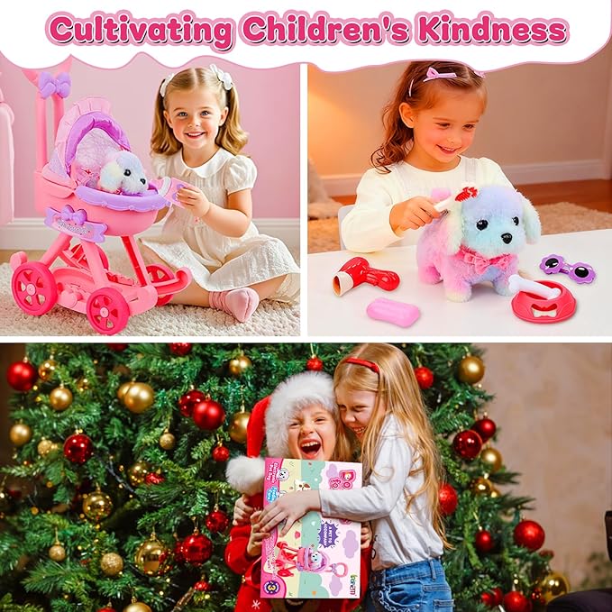 13Pcs Dog Toys for Kids Girls, Pretend Puppy Stroller Playset for Toddler, Electronic Interactive Walking Barking Dog Toy, Pet Care & Feeding Accessories Birthday Gifts for Little Girl 3 4 5 6