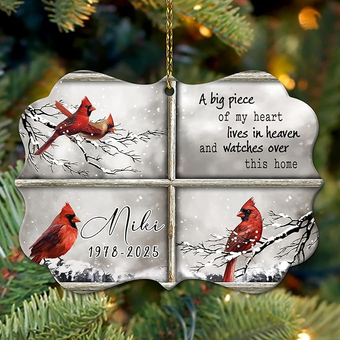 HYTURTLE Personalized Memorial Sympathy Christmas Ornament Tree Decor Gifts for Family Loss of Loved One Mom Dad - Cardinal Piece of Heart in Heaven Custom Name Aluminium Ornament