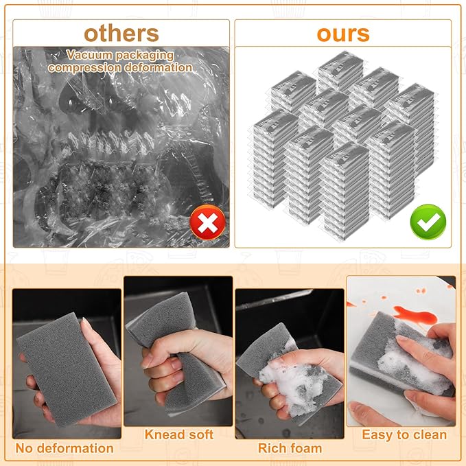 100 Pcs Individually Wrapped Sponges, Uncompressed Non Scratch Scrouing Sponges for Household Cleaning Dishes Kitchen Airbnb Apartment Car Bike Gray