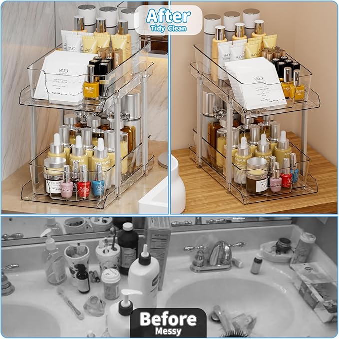 2 Sets Large Capacity Under Sink Organizers And Storage,Multi-Purpose 2 Tier 9.6"Tall Under Bathroom Sink Organizer and Under Cabinet Storage,Clear Pull Out Medicine Cabinet Organizer With 8 Dividers