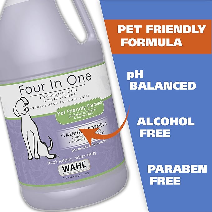 Wahl USA 4-in-1 Calming Pet Shampoo for Dogs with a Lavender Chamomile Scent – Cleans, Conditions, Detangles, & Moisturizes - Pet Friendly Formula – 64 Oz - Model 821000-050