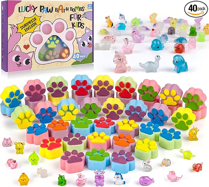 Bath Bombs for Kids with Surprise Inside, 40 Large Number Pack Paw Shape Bath Bombs Gift Set, Natural Organic Kids Bubble Bath Fizzy for Girls Boys with Bath Toys Inside
