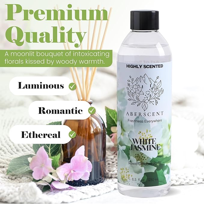 White Jasmine Aberscent Premium Reed Diffuser Oil Refill (8.5 Fl Oz/250ml) – Long-Lasting Fragrance Oil for Home, Office & Spa – Relaxing Scent, Luxury Hotel-Style Aroma