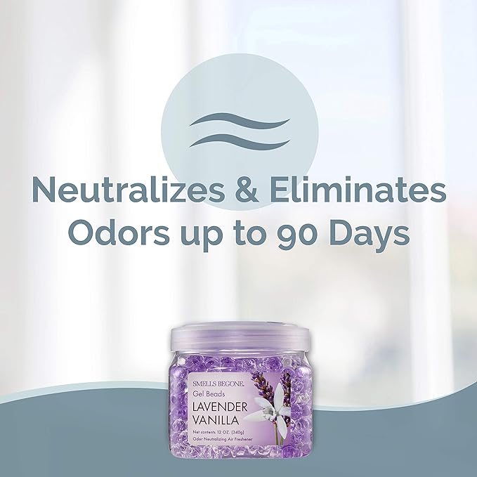 SMELLS BEGONE Odor Eliminator Gel Beads - Air Freshener - Eliminates Odor in Bathrooms, Cars, Boats, RVs & Pet Areas - Made with Essential Oils - Lavender Vanilla Scent - 12 Ounce