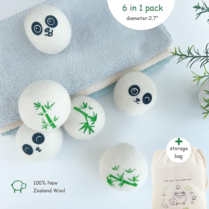 Wool Dryer Balls Laundry Reusable, 100% Natural New Zealand Wool Balls for Dryer, 6 in 1 Pack (Panda)