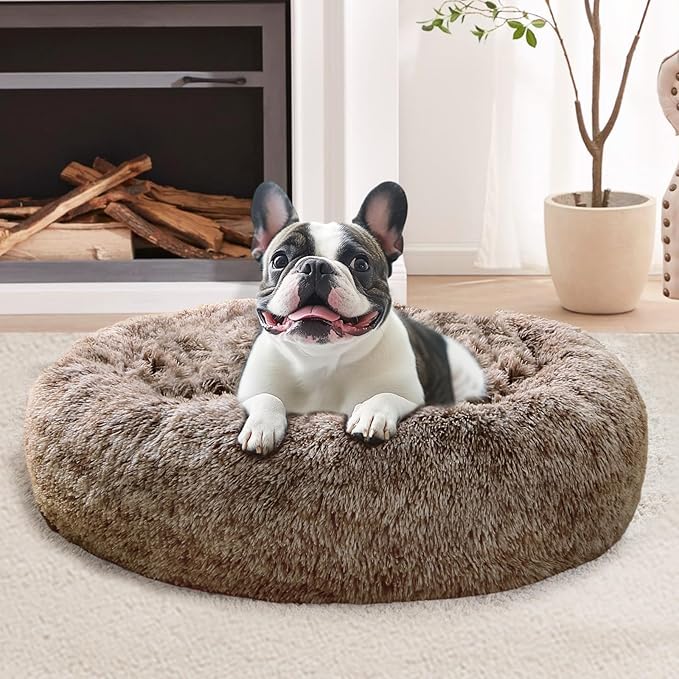JOLLYVOGUE Small Dog & Cat Beds for Indoor Cats, Donut Cuddler Warming Soft Dog Beds with Anti-Slip Bottom, Round Calming Fluffy Plush Faux Fur Cushion Bed for Small Dogs (23", Smoke Brown)