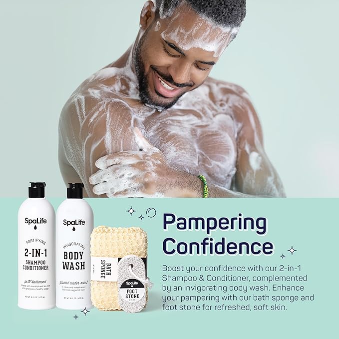 SpaLife 7-Piece Men's Body Care Gift Set | Mens Gift Set with 2-in-1 Shampoo & Conditioner, Body Wash, Moisturizer, Post-Shave Lotion, Sponge & Foot Stone | Christmas Gifts for Men | 7-Piece Bundle
