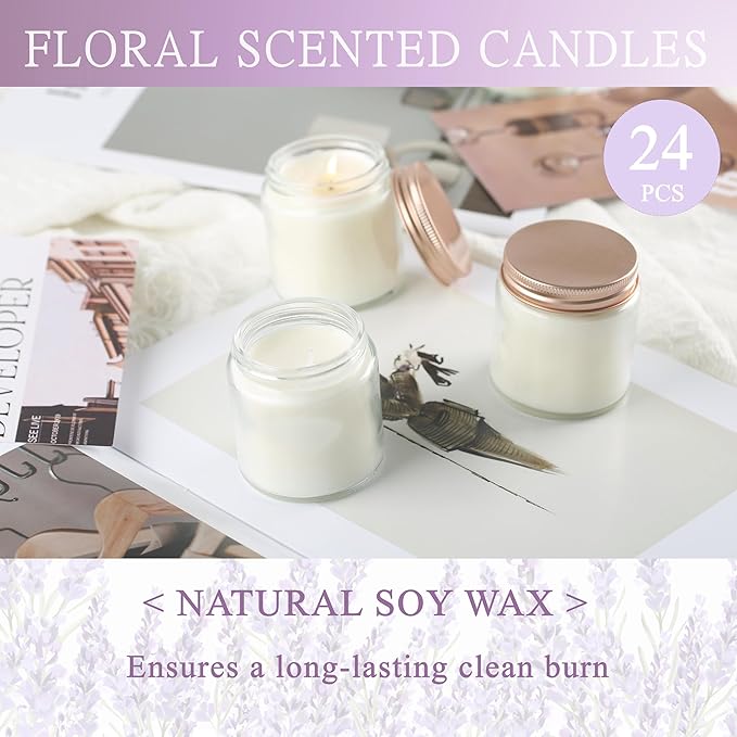 24 Pcs 4 Oz Mason Jar Candles, Lavender Scented Soy Candles Bulk Set for Stress Relief and Relaxation, Great Favors for Wedding, Christmas, Housewarming Gifts (Pink-Lavender, 24)