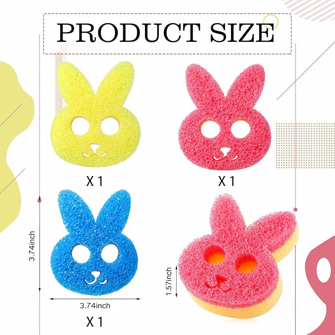 3 Pcs Dual Sided Scrub Sponge Multi Functional Cute Temperature Sensitive Non Scratch Dish Sponge for Washing Dishes Kitchen Bathroom(Rabbit)