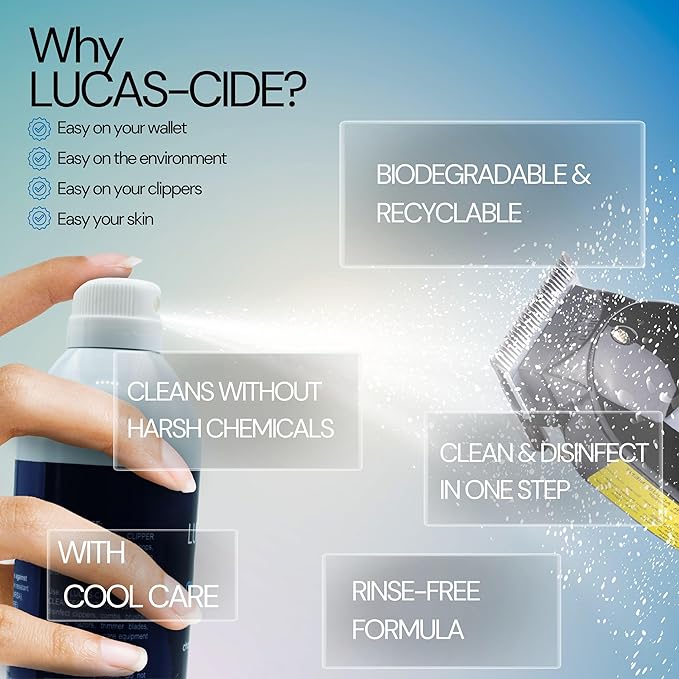 LUCAS-CIDE Clipper Cleaner & Disinfectant Spray, Coolant & Cleaner for Hair Trimmer, Blades & Shaver 16 Fl Oz - Set of 2