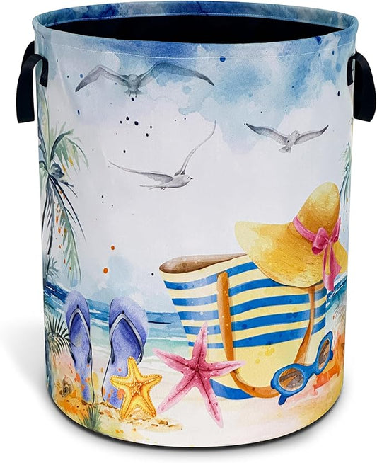 Hawaiian Beach Laundry Basket Oxford Cloth Palm Tree Slippers Laundry Hamper With Handle Foldable Portable Clothes Storage Basket 18.9 X 16.5 In Storage Bag For Laundry Room/Bathroom/Bedroom