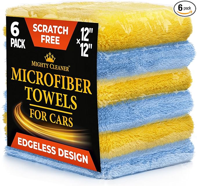 Edgeless Microfiber Towels for Cars – 6pk (12”x12”) - 540 GSM - Super Soft Detailing & Buffing – Scratch-Free & Absorbent Microfiber Cleaning Cloths for Car Polishing