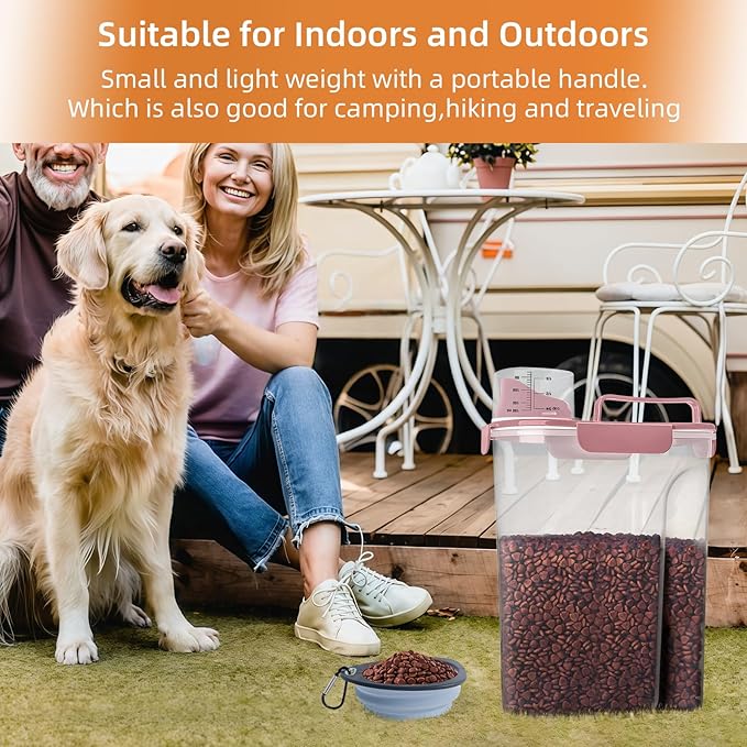 5-7Lbs Small Cat Dog Food Storage Containers BPA Free, Airtight Pet Food Storage Containers with Large Pour Spout/1 Measuring Cup/ 4 Safety Locks and With Folding Bowl (Rose Pink)