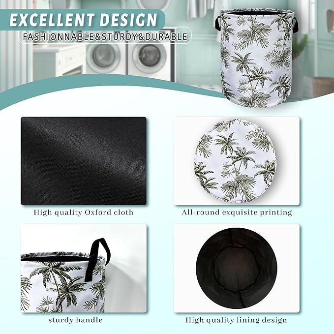 Tropical Palm Tree Laundry Basket Foldable With Handles Tote Bag Oxford Cloth Colorful Laundry Hamper 18.9"x16.5 "Clothe Storage Bucket Toy Organizer For Bathroom/Laundry/Bedroom