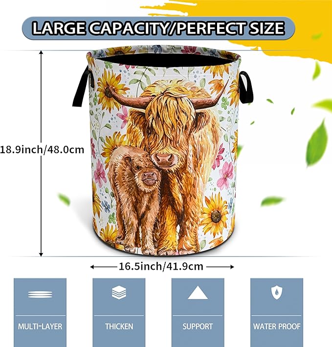 Highland Cow Laundry Basket Beautiful Flowers Foldable Oxford Cloth Funny Tote Bag Laundry Hamper Clothes Storage Bucket Toy Organizer For Bathroom/Laundry Storage/Bedroom 18.9x16.5 Inch