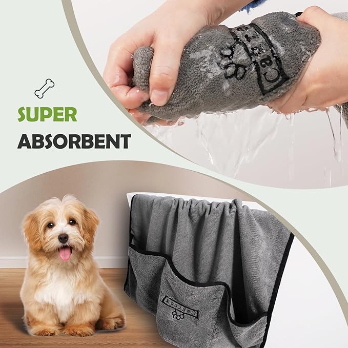 Microfiber Dog Grooming Bath Towel: Super Absorbent Soft Pet Grooming Towel Bath & Shower Supplies - Large Towels to Drying Dog Cat Pets Drying & Grommers (Gray, 2 Pcs)
